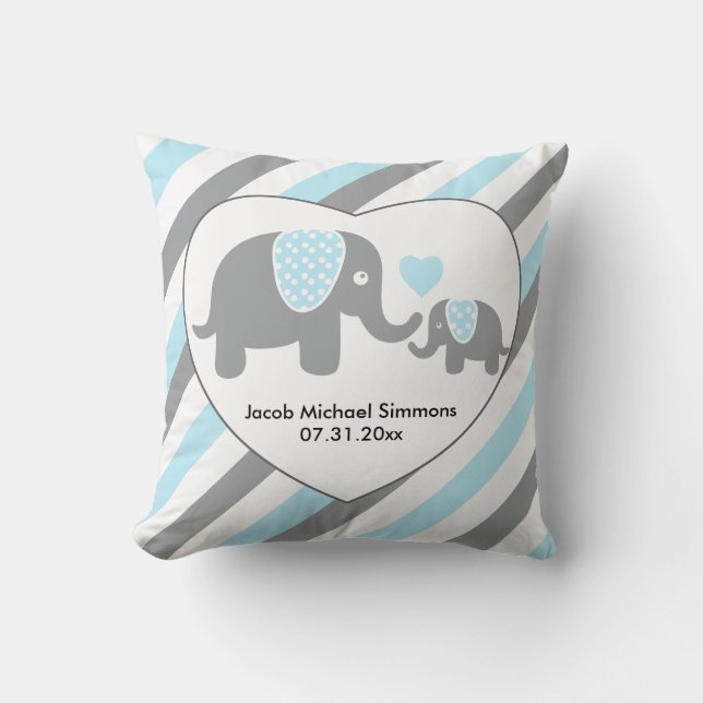 Large Blue, Gray and White Stripe Elephants Throw Pillow (Front)