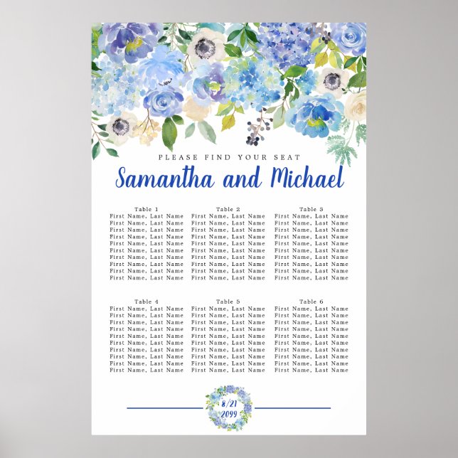 Large Blue Hydrangea 6-Table Seating Chart (Front)