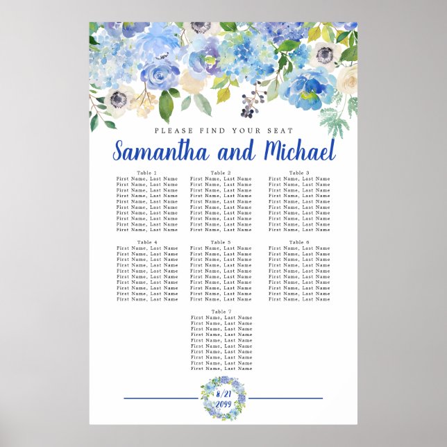 Large Blue Hydrangea 7-Table Seating Chart (Front)