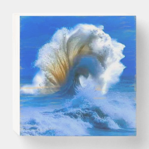 large blue ocean waves wooden box sign