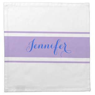 Large Blue Script Name, Lavender Stripes on White Cloth Napkin