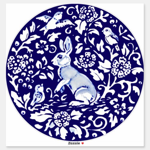 Large Blue White Rabbit Wall Decor Floral Delft Sticker