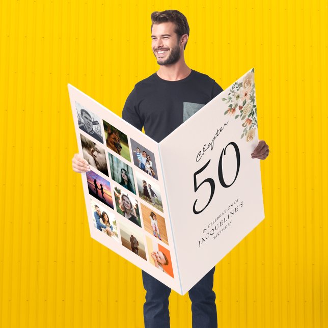 Large Blush Pink 50th Birthday Floral Photo Card (Blush pink floral 50th birthday greeting card with photo collage template.)