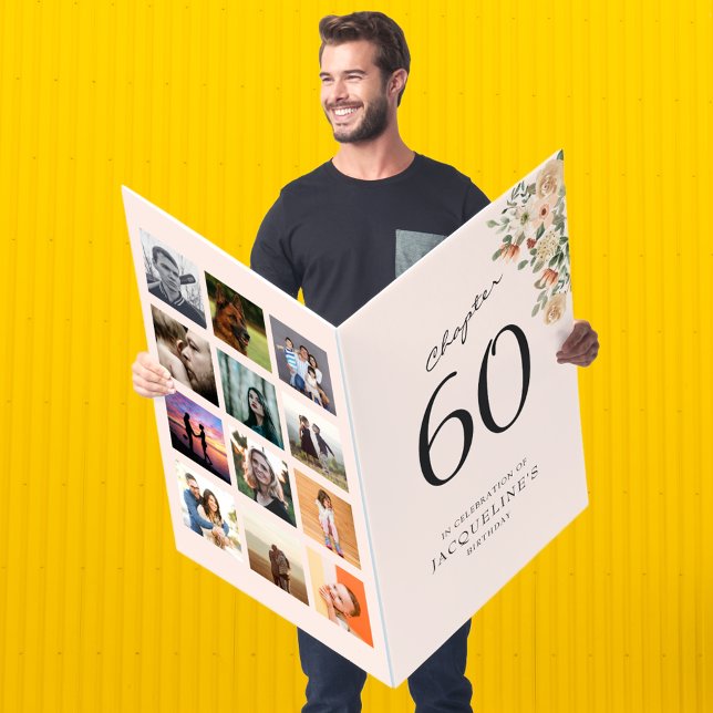 Large Blush Pink 60th Birthday Floral Photo Card (blush pink floral large 60th birthday greeting card with photo collage template.)