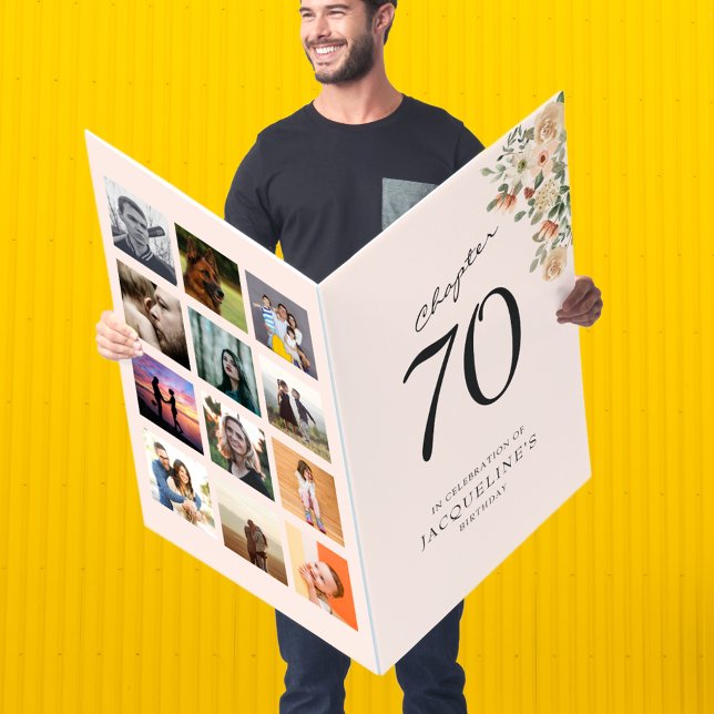 Large Blush Pink 70th Birthday Floral Photo Card (Blush pink 70th birthday large floral greeting card with photo collage template.)