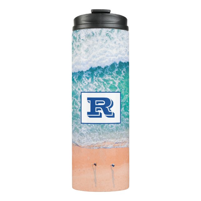 Large Bold Blue Monogram, Beach Scene Thermal Tumbler (Front)