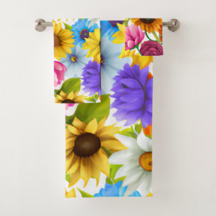 Large Bold Botanical Colorful Flowers Bath Towel Set