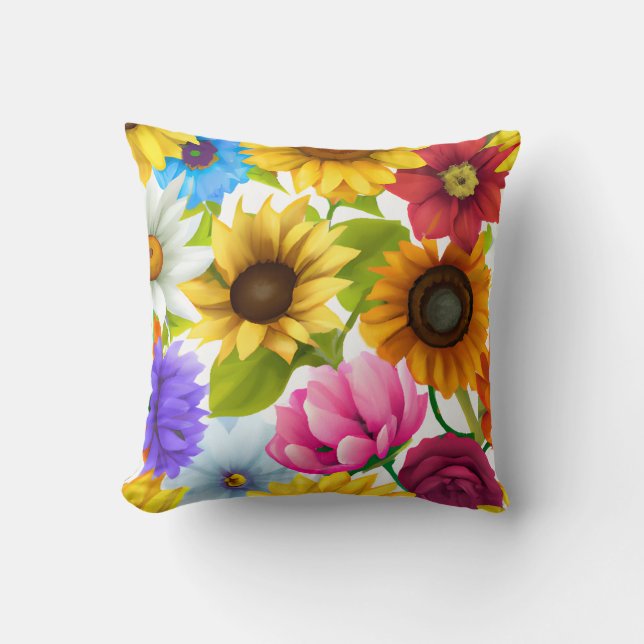 Large Bold Botanical Colorful Flowers Throw Pillow (Front)