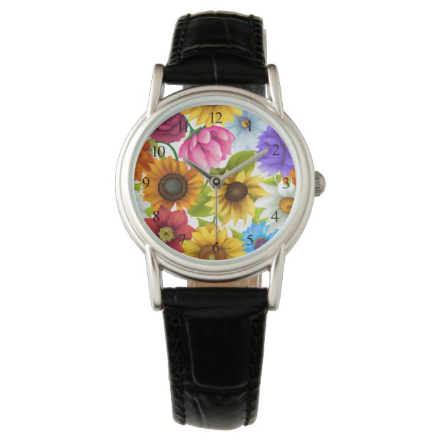 Large Bold Botanical Colorful Flowers   Watch (Front)