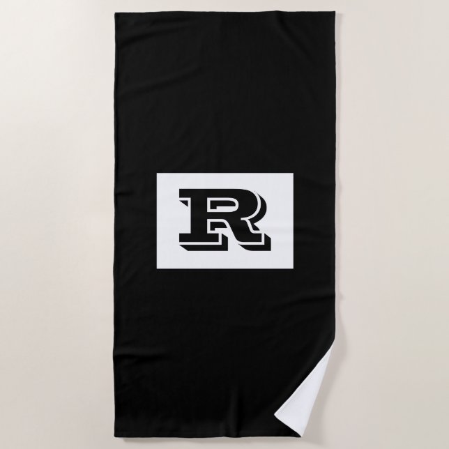 Large Bold Outlined Black Monogram, Black Beach Towel (Front)