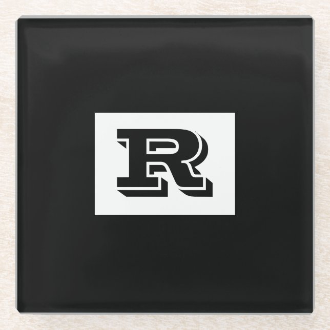 Large Bold Outlined Black Monogram, Black Glass Coaster (Front)