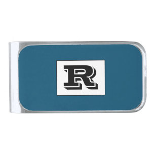 Large Bold Outlined Black Monogram, Ocean Blue Sil Silver Finish Money Clip
