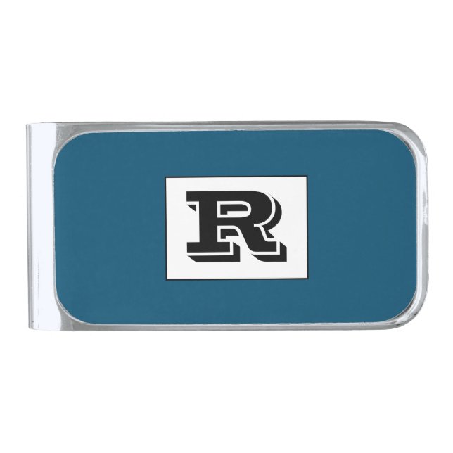 Large Bold Outlined Black Monogram, Ocean Blue Sil Silver Finish Money Clip (Front)