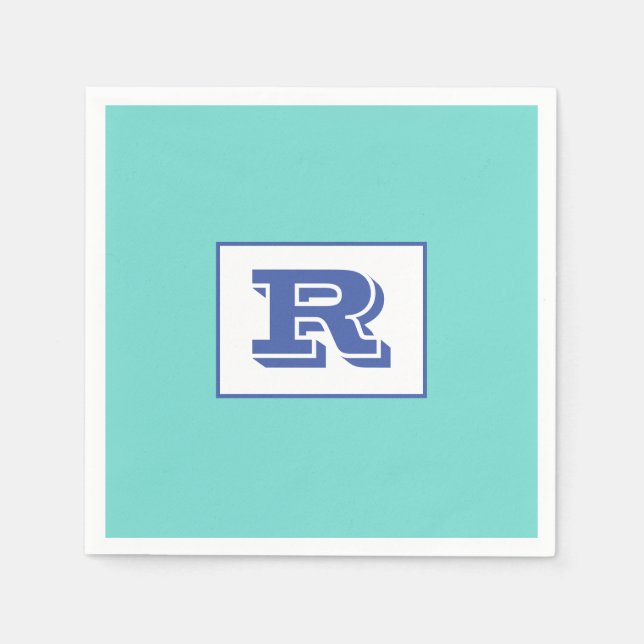 Large Bold Outlined Blue Monogram on Light Teal Napkins (Front)