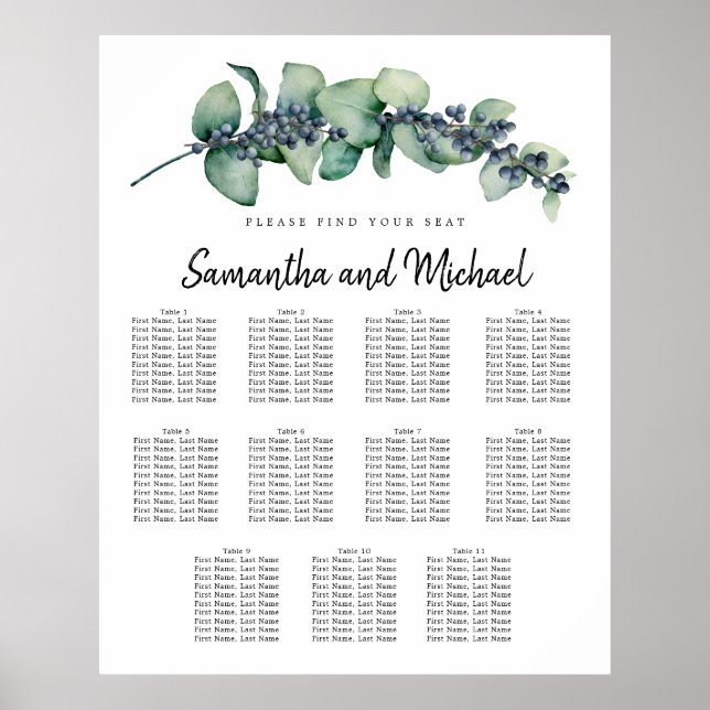 Large Botanical Eucalyptus 11-Table Seating Chart (Front)