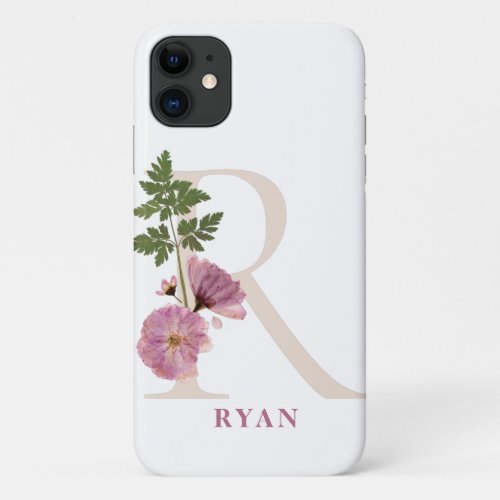 Large botanical Monogram R Name Personalization iPhone 11 Case