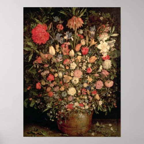 Large bouquet of flowers in a wooden tub poster