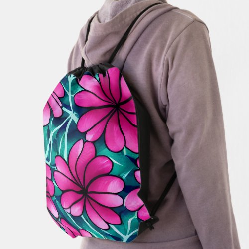 Large Bright Pink Flower Pattern Drawstring Bag