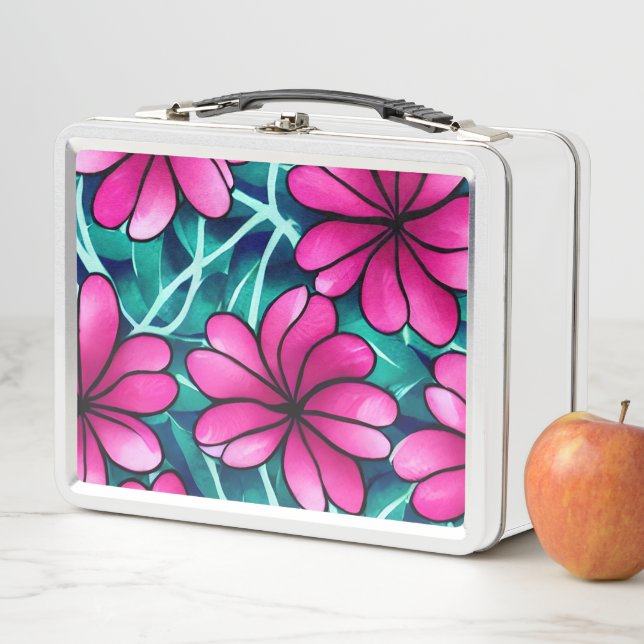 Large Bright Pink Flower Pattern Metal Lunch Box (In Situ)