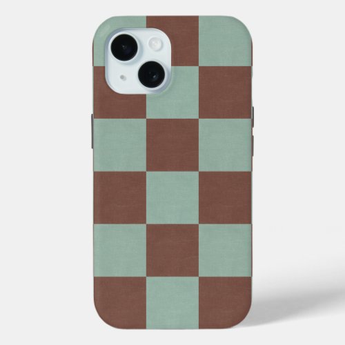 Large brown and sage green checks iPhone 15 case