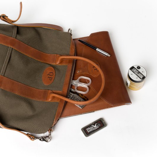 Large Brown Leather and Green Canvas Helmet Bag (Contents)