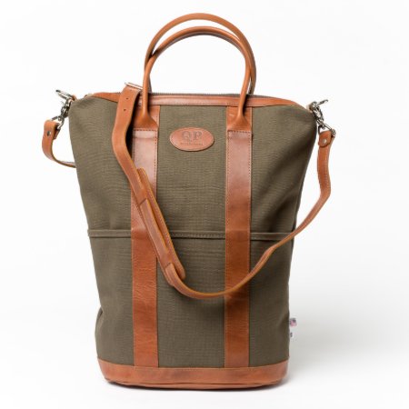 Large Brown Leather And Green Canvas Helmet Bag
