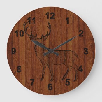 Large Buck Carved In Wood Effect Large Clock by FUNNSTUFF4U at Zazzle