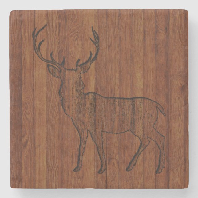 Large Buck carved wood Effect Stone Coaster (Front)