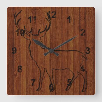 Large Buck Deer Carved In Wood Printed Square Wall Clock by FUNNSTUFF4U at Zazzle