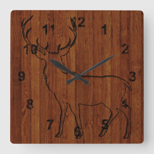 Large Buck Deer Carved In Wood Printed Square Wall Clock (Front)