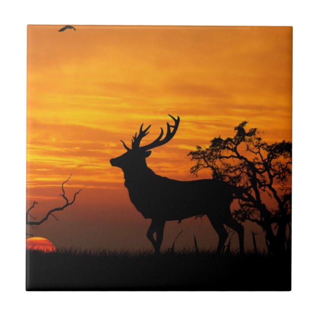 Large Buck Silhouette at Sunset Ceramic Tile (Front)