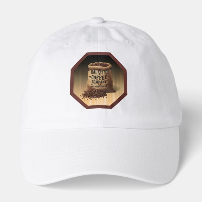 Large Burlap Bag With Label For Halfhyde Coffee Co Hat (Front)