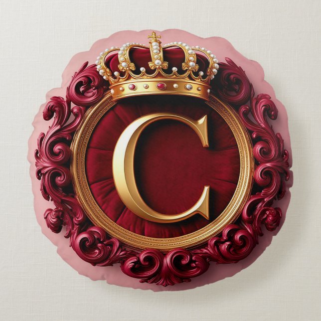 Large C Monogram on Red Velvet Round Pillow (Front)