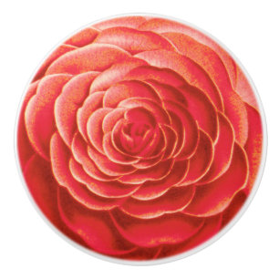 Large Camellia Blossom, Coral Orange Ceramic Knob