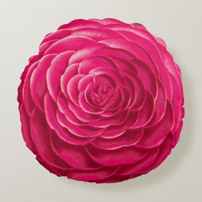Large Camellia Blossom, Fuchsia Pink Round Pillow (Front)