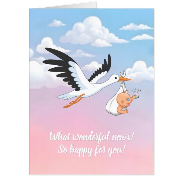 Large Card Stork Carrying a Baby Taking Selfie (Front)