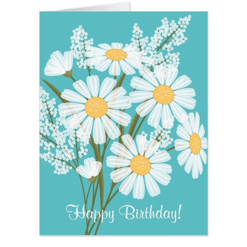 Large Card White Daisy Flowers on Teal Birthday