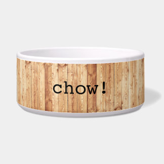 Large “chow!” ceramic dog bowl - wood