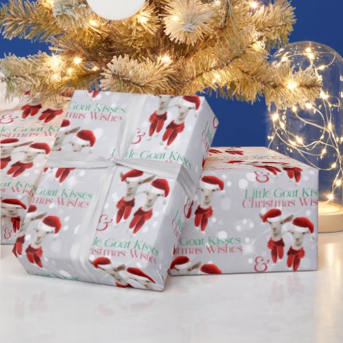 Large Christmas Wishes Little Goat Kisses Silver Wrapping Paper