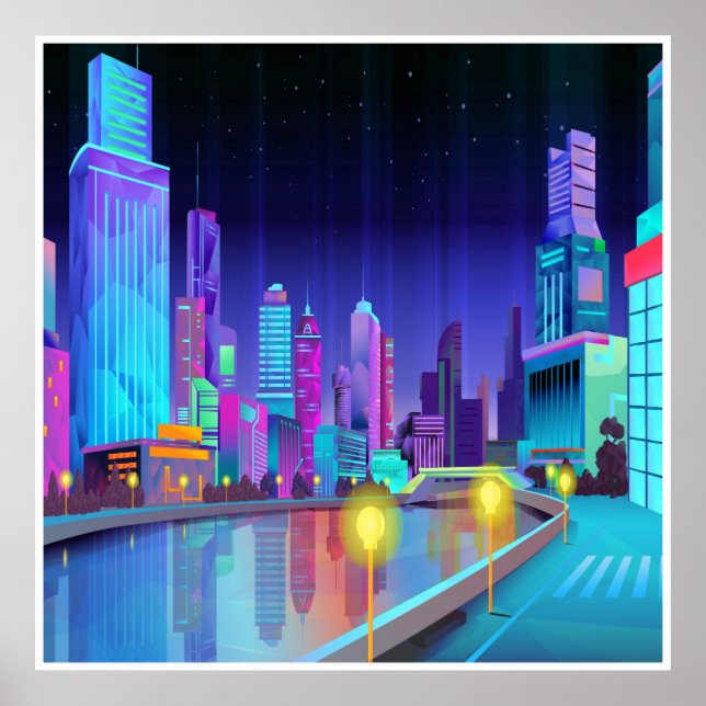 Large City Night Scene Panoramic Art Poster (Front)