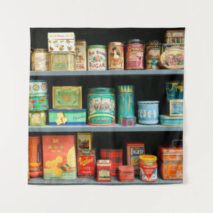 Large collection of colorful vintage cans displaye tapestry