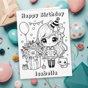 Large Color Me Anime Girl's Birthday Card
