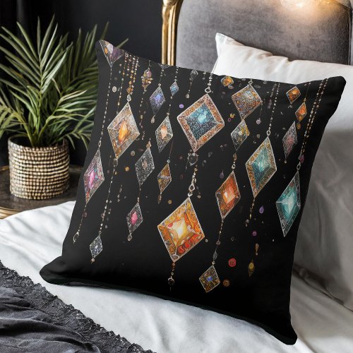 Large Colorful Boho Gems on Black ID1035 Throw Pillow
