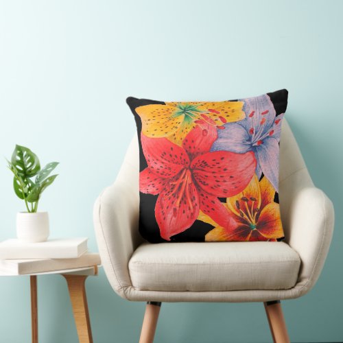large colorful lily design contempory floral throw pillow