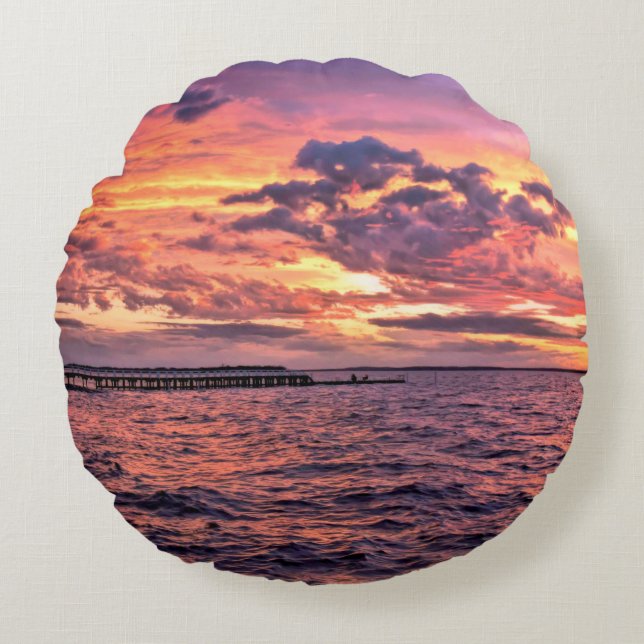 Large colorful sunset over waterbeach,beautiful,c round pillow (Front)