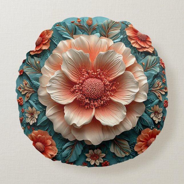 Large Coral Flowers Round Pillow (Front)