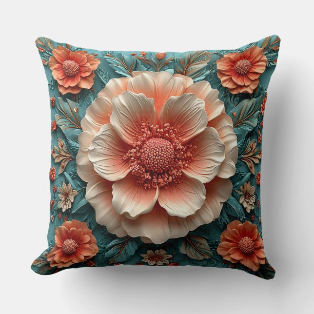Large Coral Flowers Throw Pillow (Front)