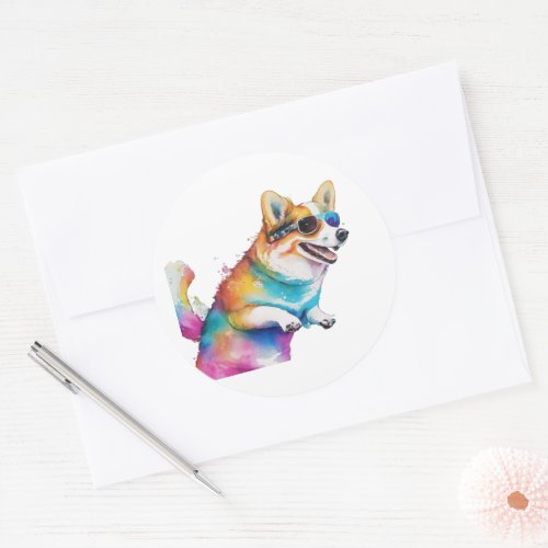 large corgi with sunglasses water color style classic round sticker
