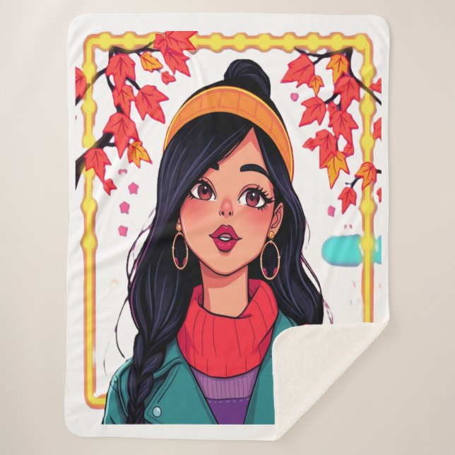 Large Cozy Autumn Girl Fleece Blanket – Oversized  (Front)