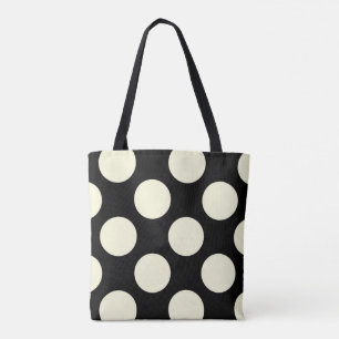 Large cream polka dots circles on black tote bag